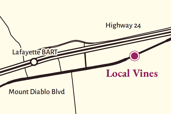 Map of downtown Lafayette. Local Vines is marked on Mount Diablo Boulevard, south of Highway 24 and east of Lafayette BART.